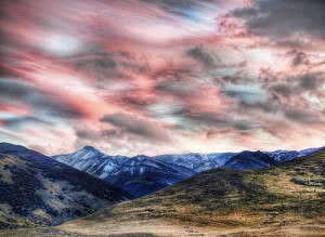 mountains with a pink sky