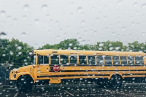 school bus in the rain